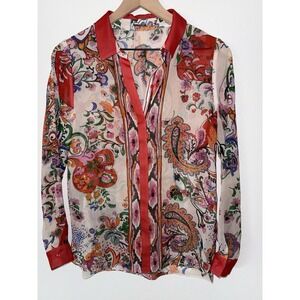 Elie Tahari Silk Paisley Floral Print Blouse Red Trim Button Up Top